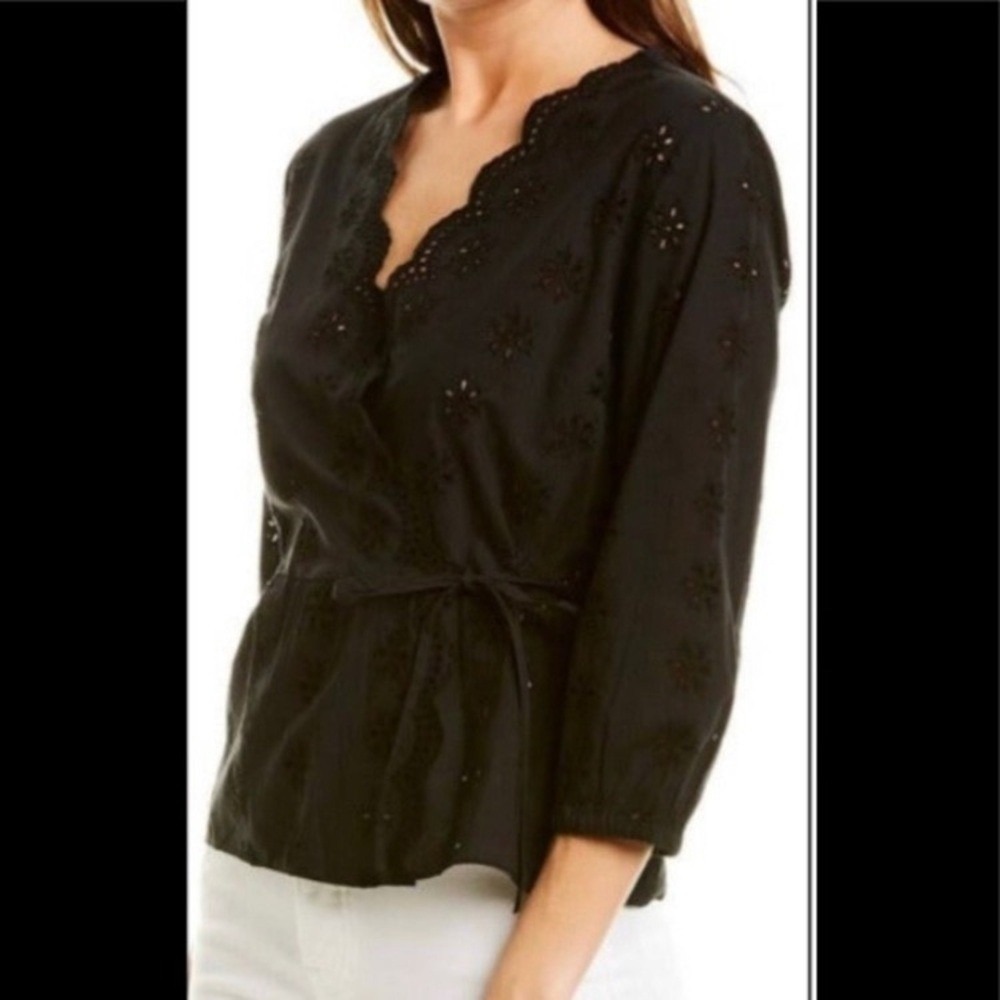 MADEWELL Scalloped Eyelet Wrap Top size M romantic black casual tie front blouse